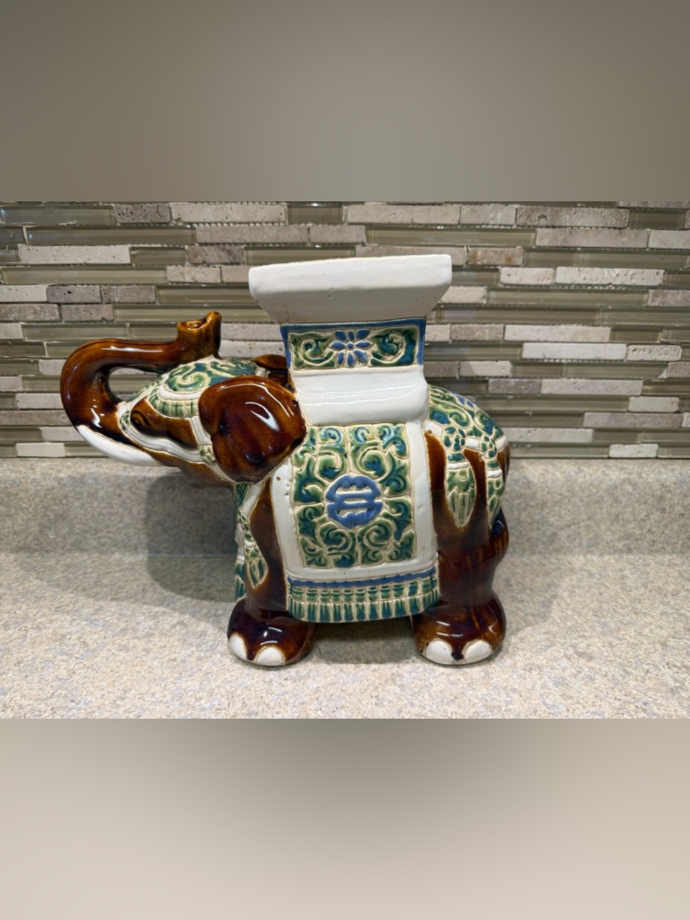 Vintage Asian Ceramic Decorative Elephant Plant Stand in Brown, Green & Blue